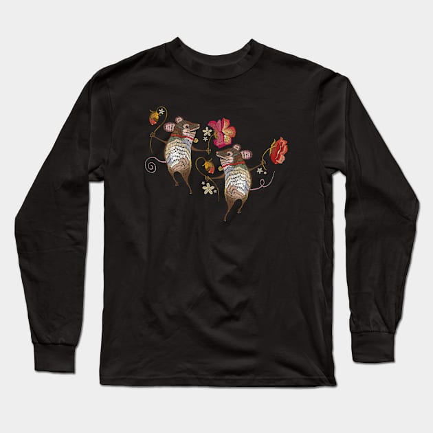 Two Mice Embroidery Long Sleeve T-Shirt by Mako Design 